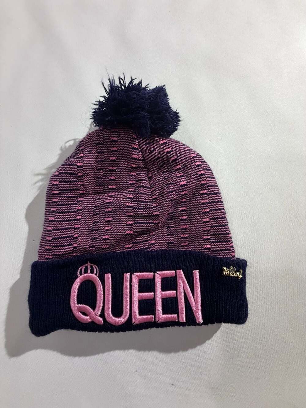 Mazaj Queen Pom Pom Beanie Womens One Size Pink Navy Knit Winter Hat